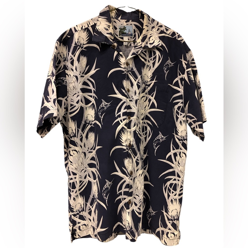 Vtg Bluewater AFTCO Tropical Hawaiian marlin leafy Print Men's shirt 2X USA